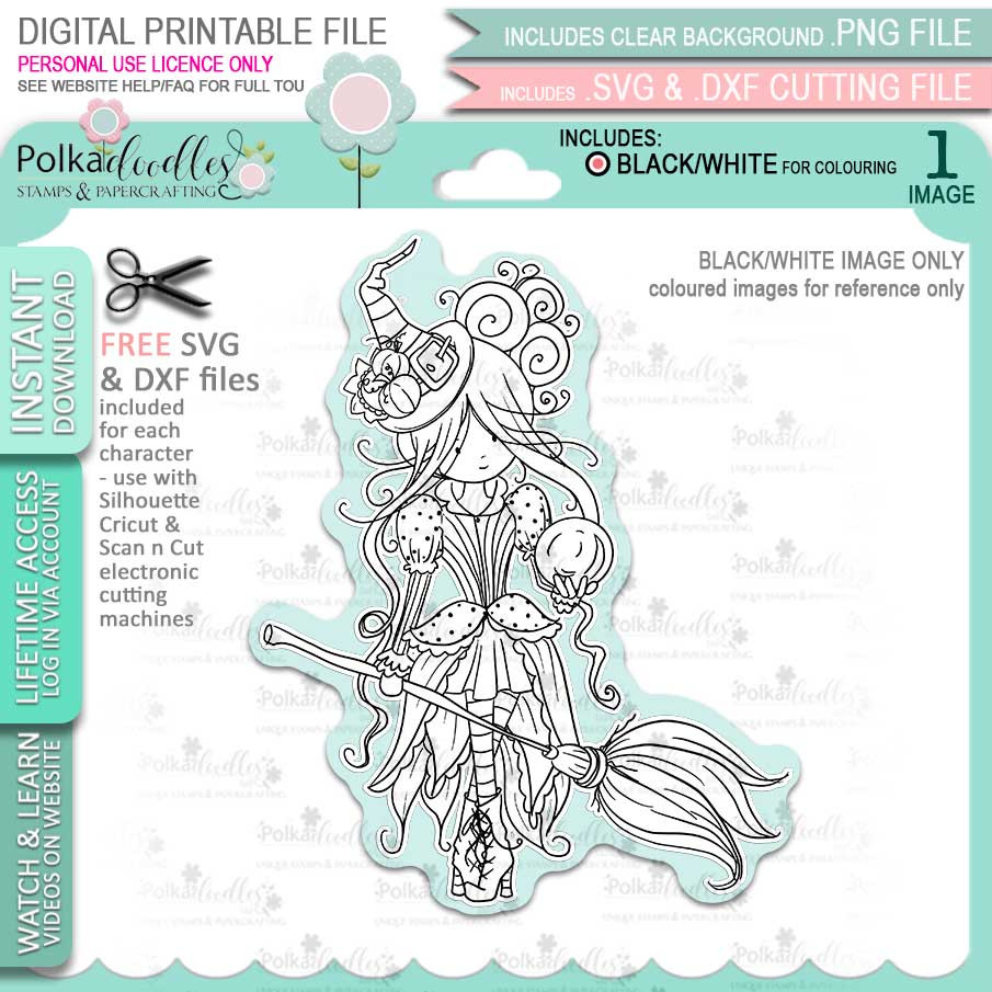 Isadora Witch Halloween - printable digital stamp download with free SVG /DXF files