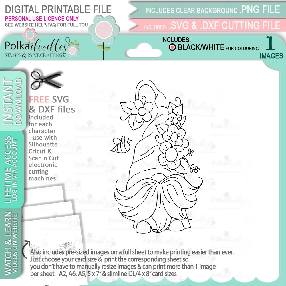 Spring Flowers Gnome - Cute digital stamp/clipart for cards, cardmaking, crafting and stickers