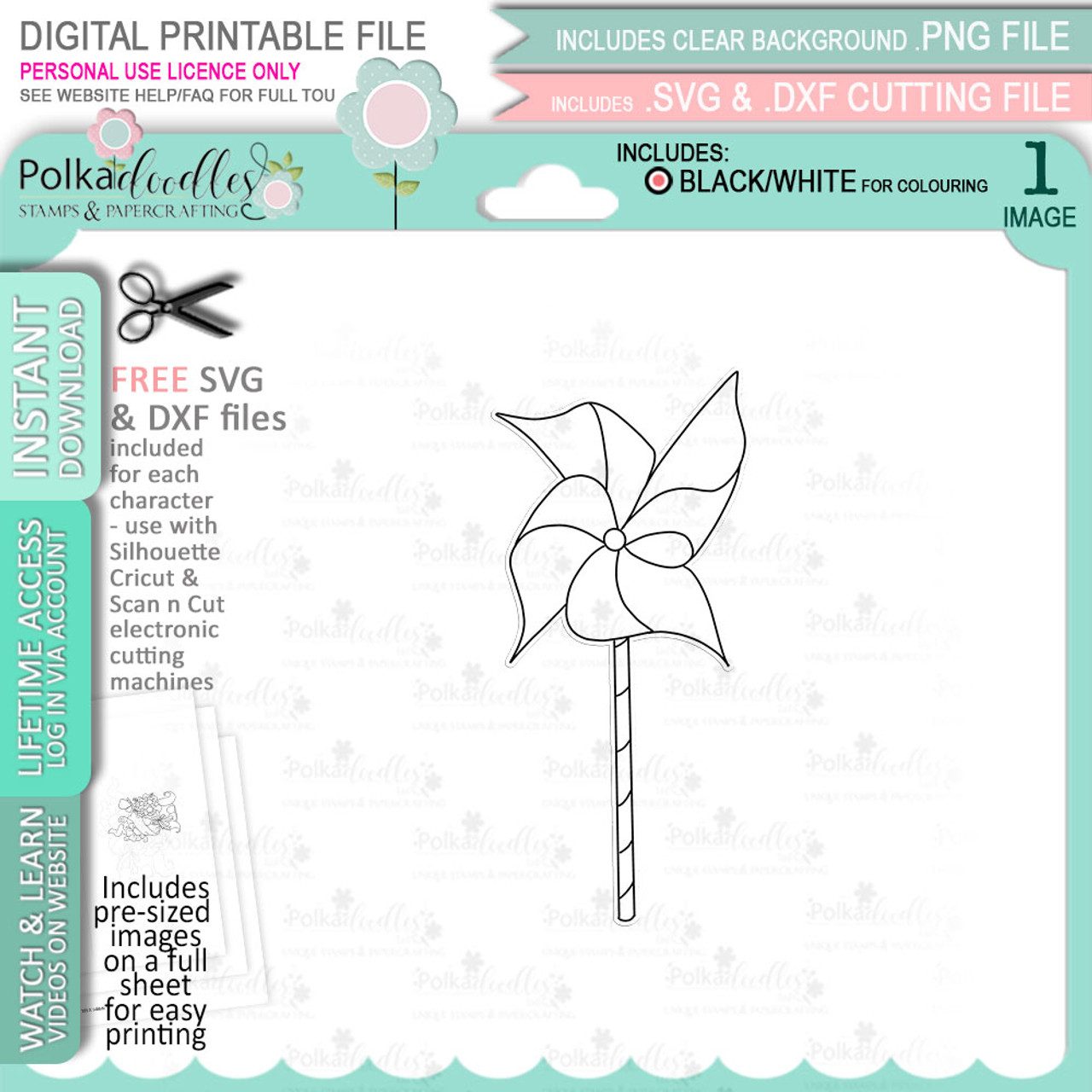 cute paper windmill printable clipart digital stamp digistamp for cards cardmaking crafting and stickers polkadoodles ltd