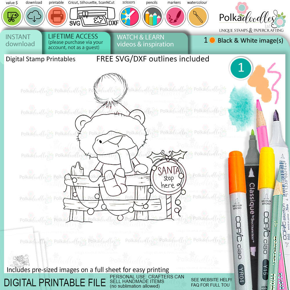 Santa stop here Bella Christmas bear - printable stamp craft card making digital stamp download