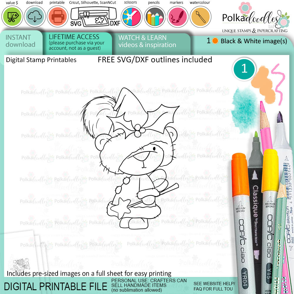 Fairy Bella Christmas bear - printable stamp craft card making digital stamp download