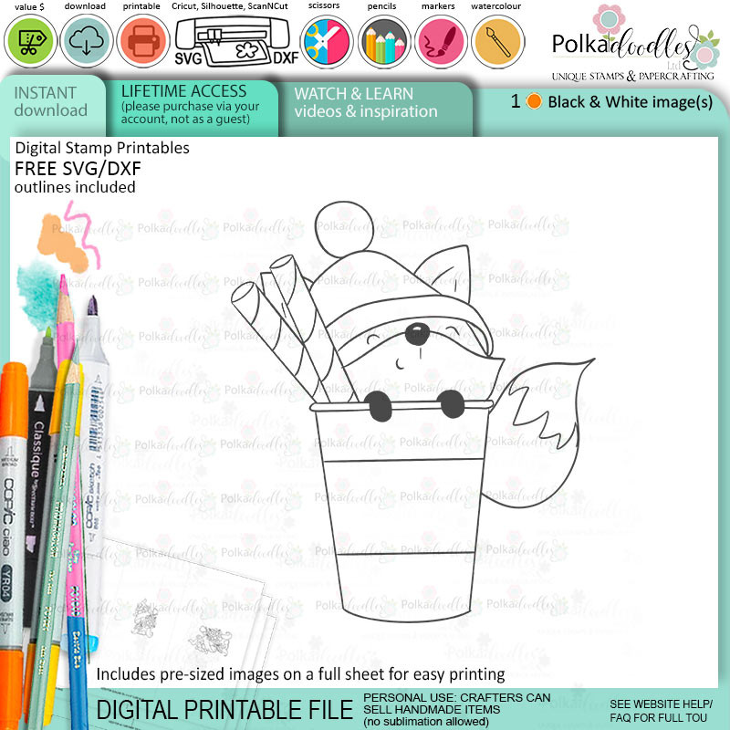 Latte Coffee Autumn Fall Fox - printable stamp craft card making digital stamp download