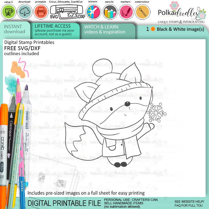 Snowflake Autumn Fall Fox - printable stamp craft card making digital stamp download