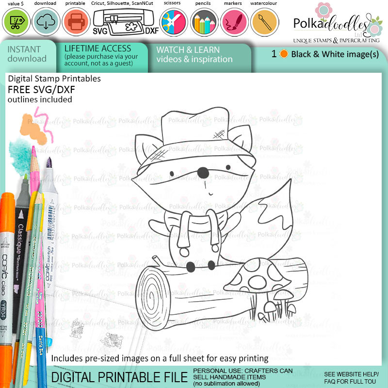 Toadstool woodland log Autumn Fall Fox - printable stamp craft card making digital stamp download