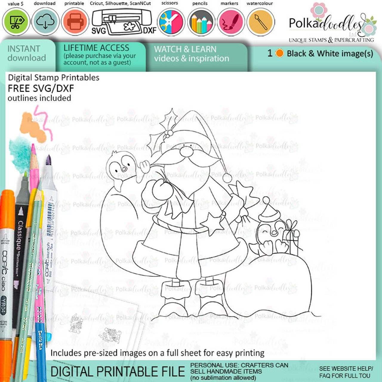 Santa - Christmas cute printable digital stamp for card making