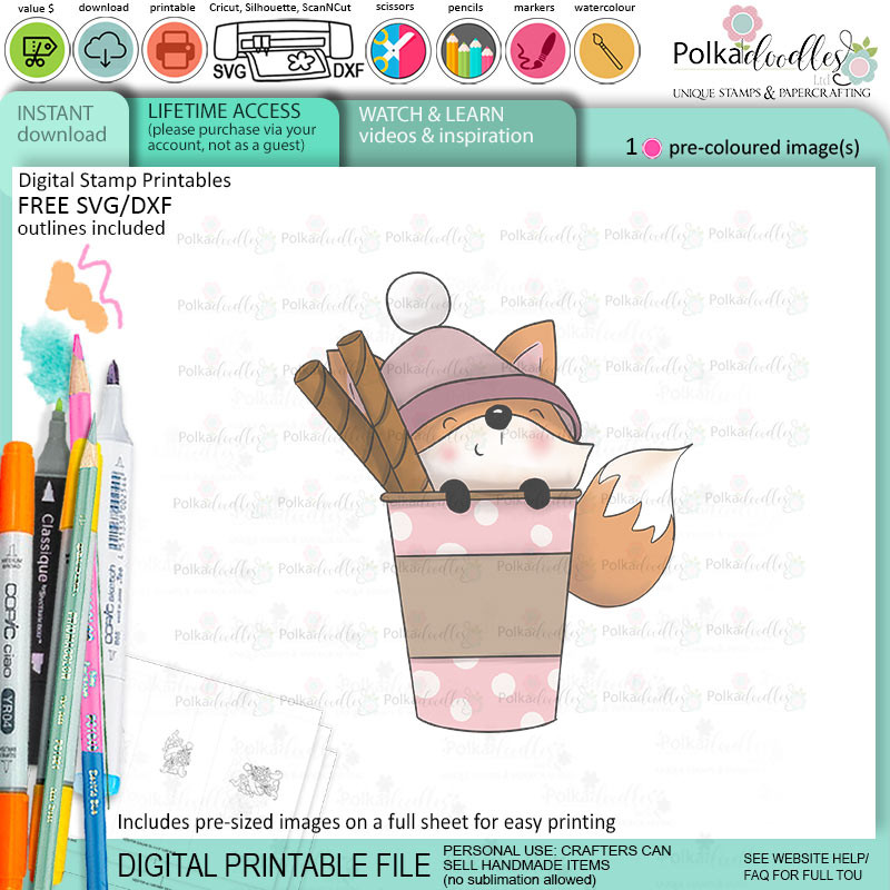 Hello cute Autumn Fall Fox - printable stamp craft card making digital ...