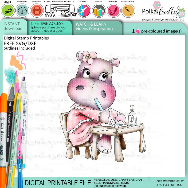 Study work hard cute Helga Hippo printable precoloured clipart card making crafts scrapbooking ...