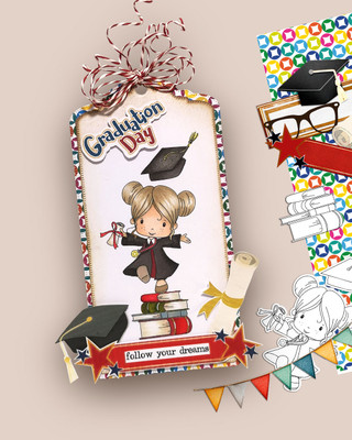 Cute girl in gown Graduation school student digital stamp for Card Making, Scrapbooking and Junk Journaling