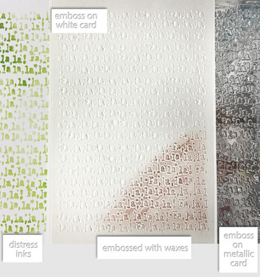 Frosted Christmas Text Pattern Stencil Bundle, embossing flourishes on white and metallic cards, with distressed inks, suitable for card making, crafts, and scrapbooking.