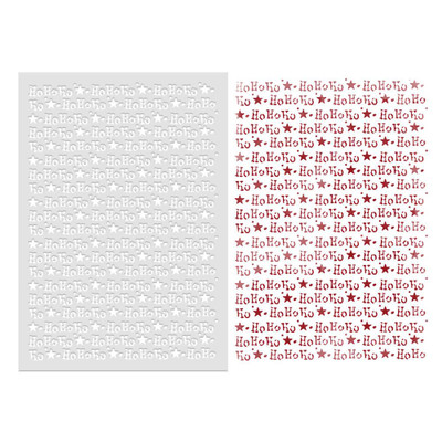 Frosted Christmas Text Pattern Stencil Bundle, embossed ink stencils for card making, crafts, and scrapbooking featuring festive 'Ho Ho Ho' and star designs in white and red.