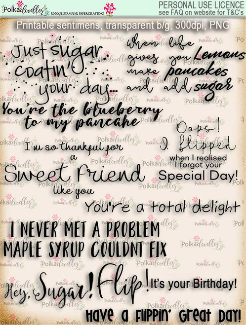Pancake Heaven themed sentiments - Lil Miss Sugarpops cute digi stamp printable download