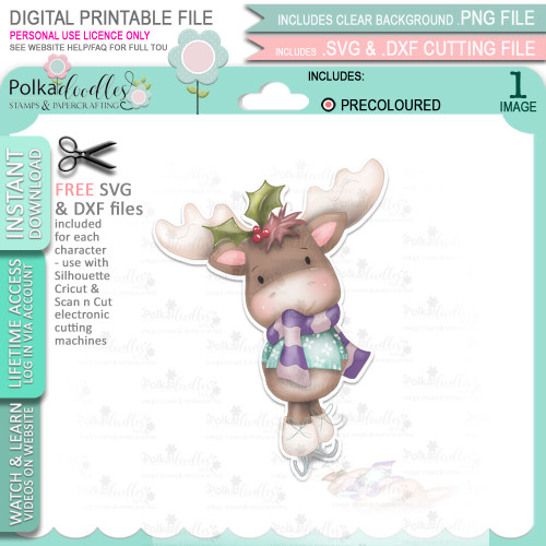 Ice Skating (precoloured) Elvis Wesley Moose - printable craft digital stamp download with free SVG /DXF files
