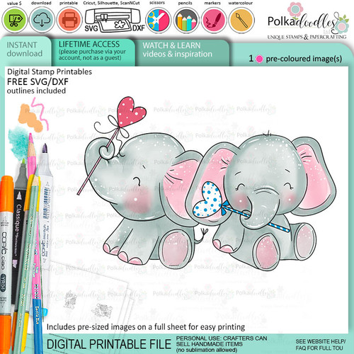 Two Hearts elephant colour clipart printable digital stamp for card making, craft, scrapbooking, printable stickers