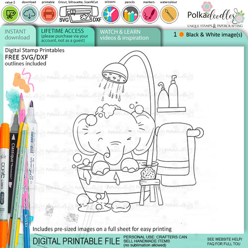 Bathtime elephant printable digital stamp for card making, craft, scrapbooking, printable stickers