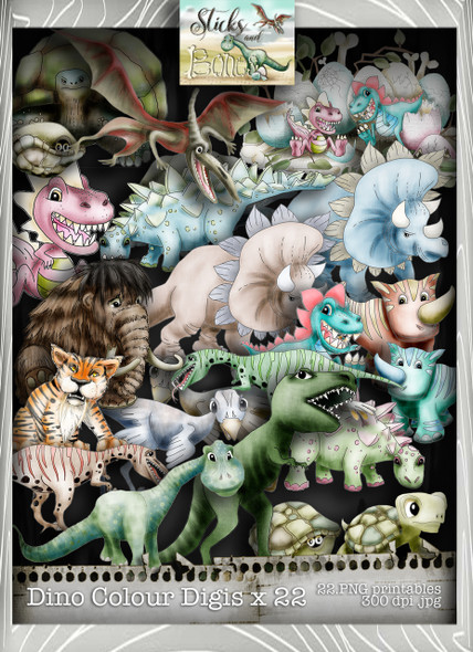 Sticks & Bones - Dinosaur Coloured image Bundle - Digital Stamp CRAFT Download