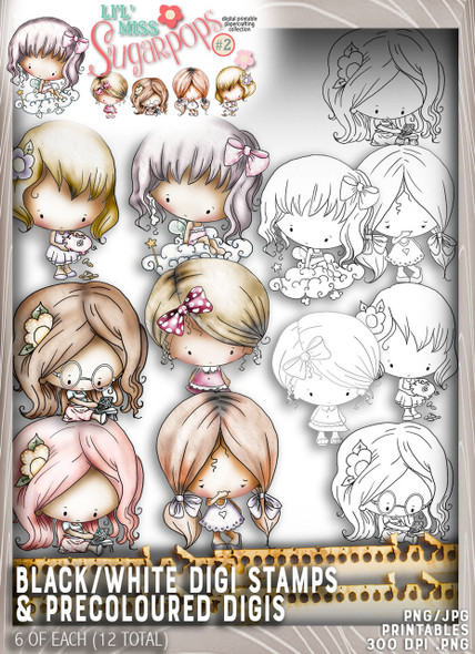 10 Digi Stamps (5 black/white plus 5 pre coloured) - Lil Miss Sugarpops Kit 2...Craft printable download digital stamps/digi scrap kit