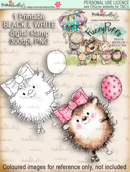 Earlie Hedgehog Balloon - Fuzzypuffs digi stamp printable download