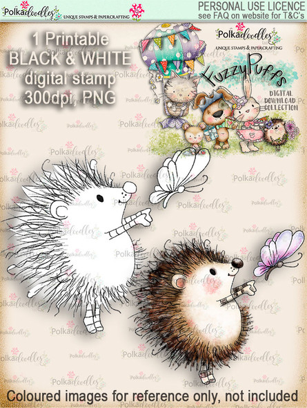 Earlie Hedgehog Butterfly - Fuzzypuffs digi stamp printable download