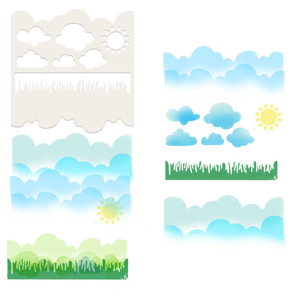 Grass, Clouds, Sun Great Outdoors 6 x 6"stencil for crafts, card making, scrapbooking