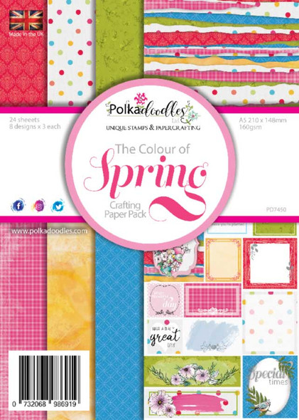 Colours of Spring A5 paper pack. Lovely A5 size paper pack for cardmaking. 21 x 15cm, 24 sheets - 8 designs x 3 of each on 250gsm cardstock. Made in the UK, fabulous quality.