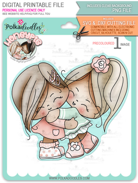 Honeypie Best Friends/Giving Hugs - light skin/hair - precoloured digital stamp printable download with free SVG /DXF file included