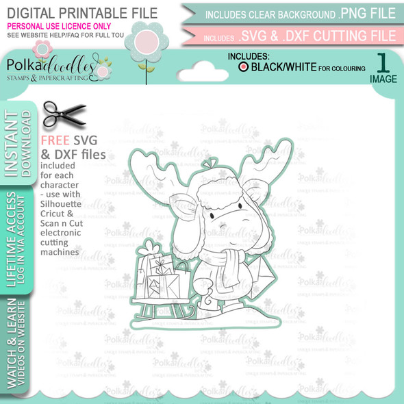 Snowy Sleigh with parcels & gifts - Elvis Wesley Moose - printable craft digital stamp download with free SVG /DXF files