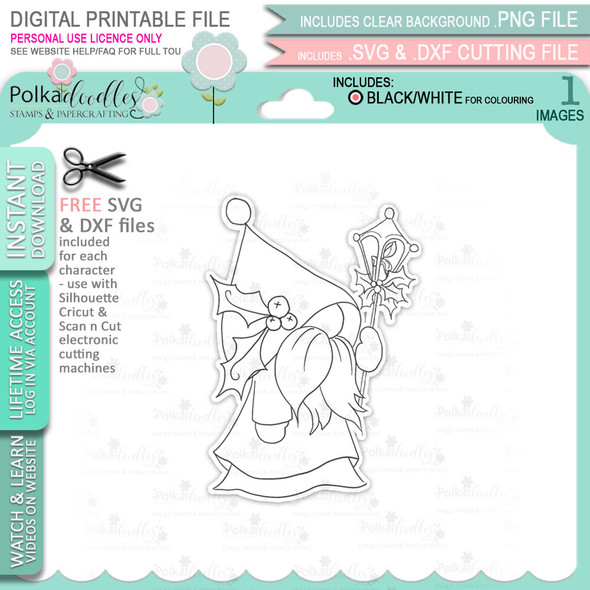 Lantern/Candle Light - Gnome Festive Fun printable craft digital stamp download with free SVG /DXF files