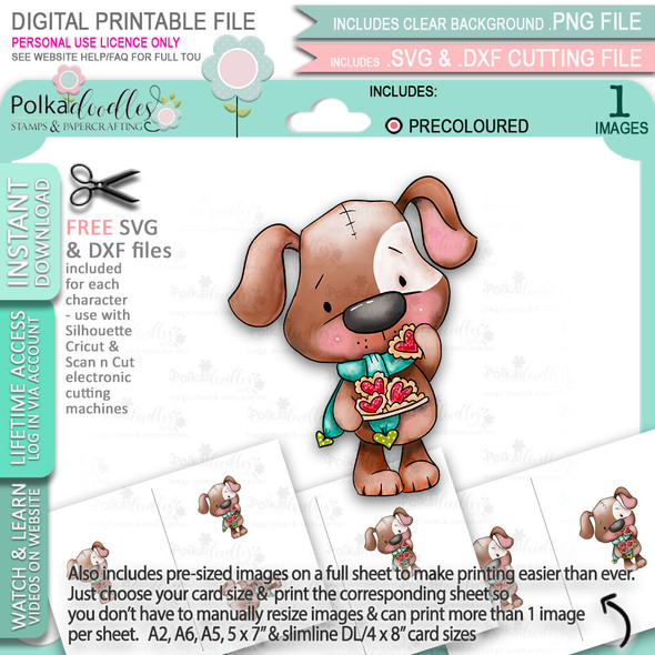 Scruff Dog with Heart Cookies (precoloured 3 ) - Too Cute printable craft digital stamp download with free SVG /DXF files