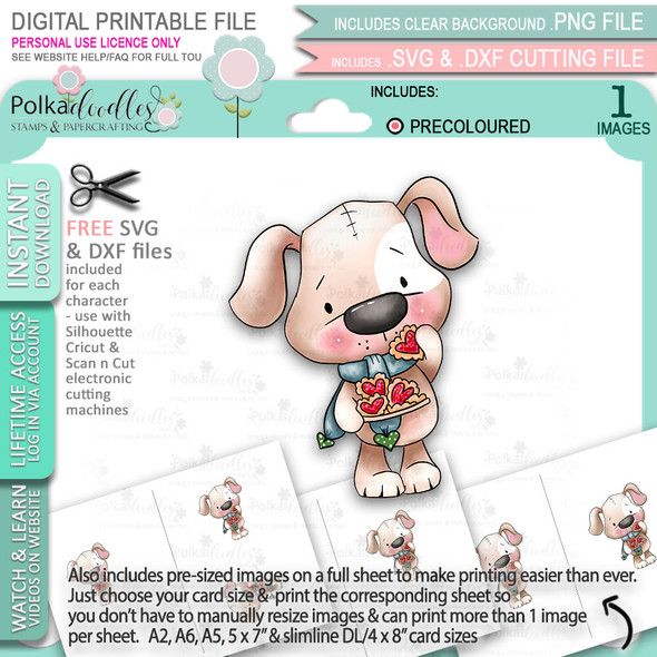 Scruff Dog with Heart Cookies (precoloured 4 ) - Too Cute printable craft digital stamp download with free SVG /DXF files