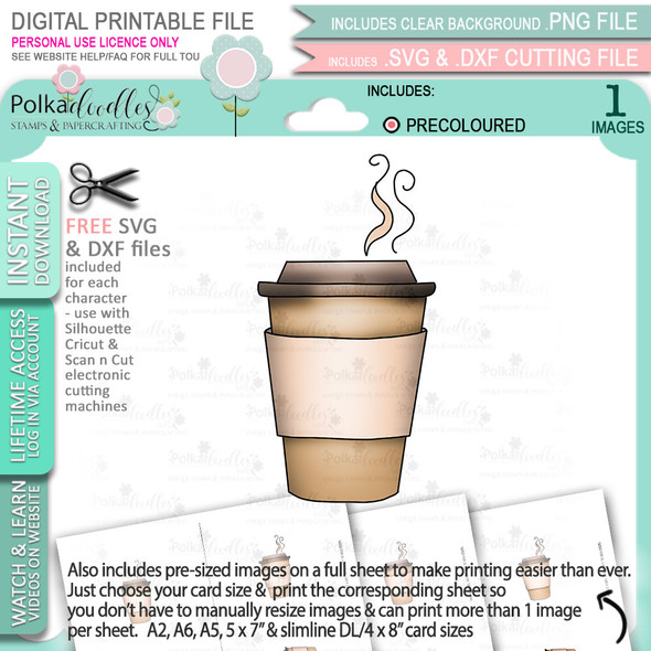 Mocha Coffee cup card ideas - printable craft digital stamp download with free SVG /DXF files