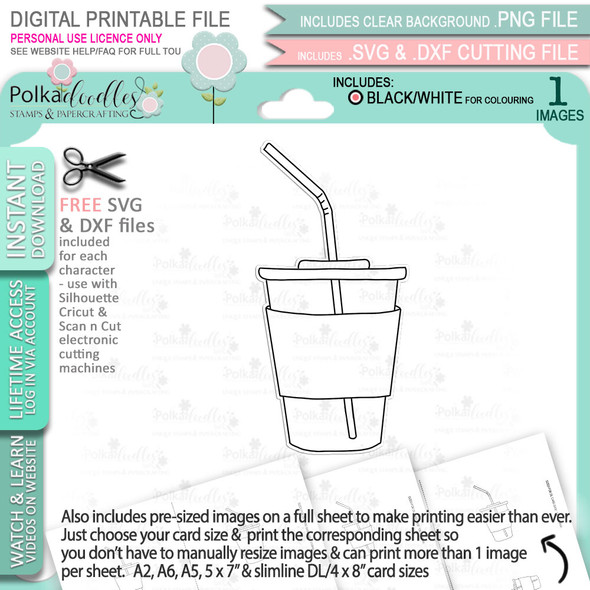 Iced Tea/Soda pop Cup with Straw - printable craft digital stamp download with free SVG /DXF files