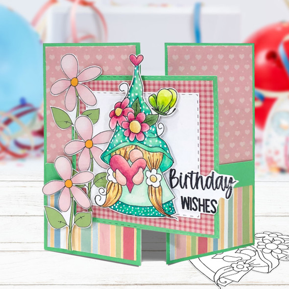 Daisy Heart Gnome - printable cardmaking digital stamp download with free SVG /DXF files