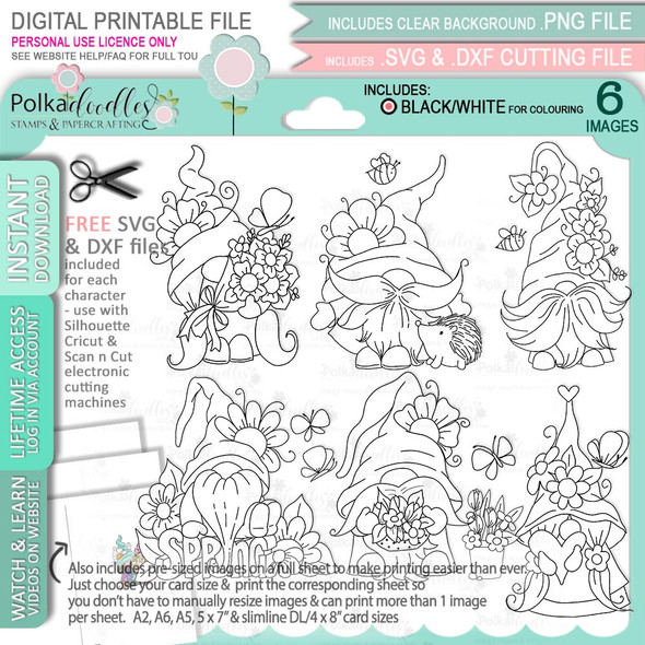 Spring Gnomes digital stamps - 6 printable craft digistamps with Free SVG files