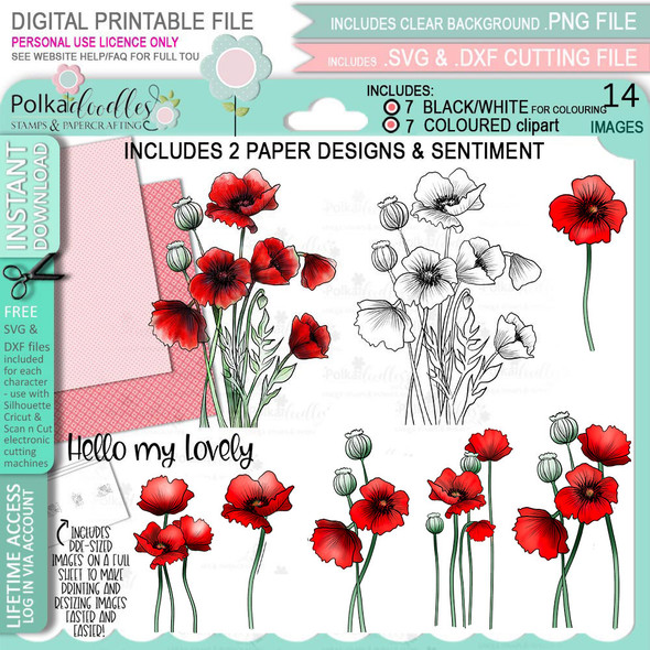 Blooms 6 - Poppy Flower bundle - digital stamp, digistamp for cards, cardmaking, crafting and stickers