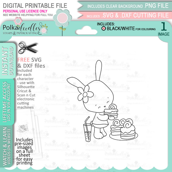 Bunny Rabbit with Easter Cake - digital stamp, digistamp for cards, cardmaking, crafting and stickers