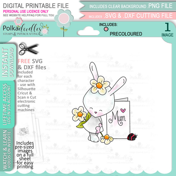 Bunny Rabbit with Mum Greeting Card - COLOUR clipart digital stamp, digistamp for cards, cardmaking, crafting and stickers