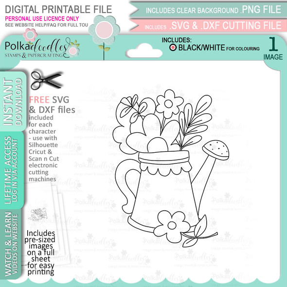 Watering can with flowers spring garden - digital stamp, digistamp for cards, cardmaking, crafting and stickers