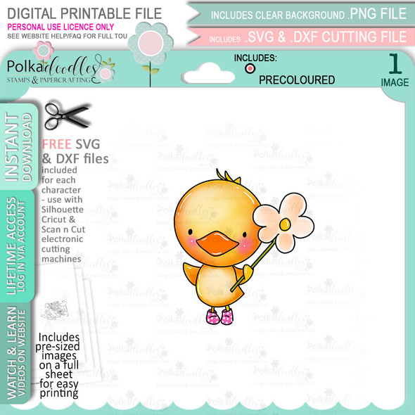 Cute chick with flower stick - COLOUR printable clipart digital stamp, digistamp for cards, cardmaking, crafting and stickers