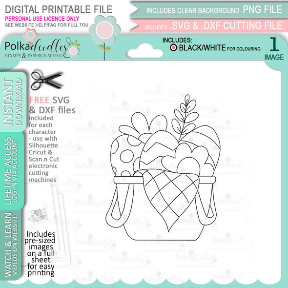 Cute easter egg basket - printable clipart digital stamp, digistamp for cards, cardmaking, crafting and stickers