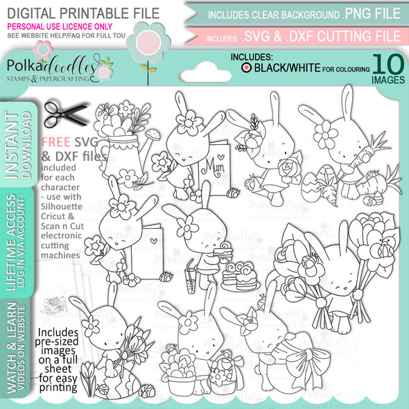 Cute Bunny Rabbits Spring Easter big value bundle - printable clipart digital stamp, digistamp for cards, cardmaking, crafting and stickers