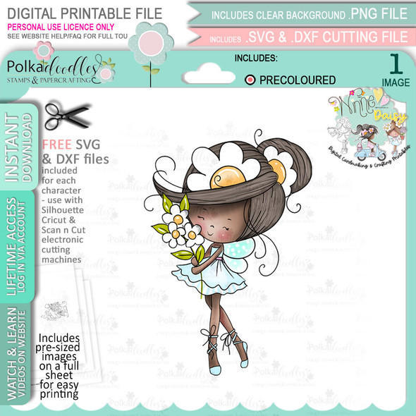 Flower Fairy Dancing Bouquet - (COLOUR - DEEP skintones) Winnie Daisy Fairy cute girl printable clipart digital stamp, digistamp for cards, cardmaking, crafting and stickers