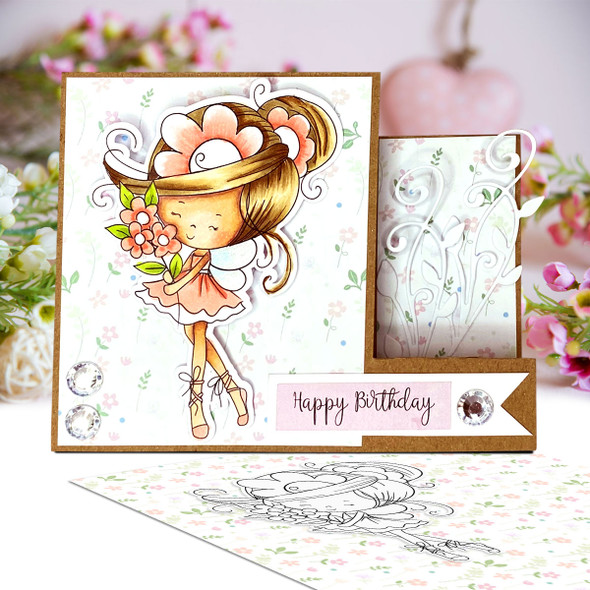 Flower Fairy Dancing Bouquet - Winnie Daisy Fairy cute girl printable clipart digital stamp, digistamp for cards, cardmaking, crafting and stickers