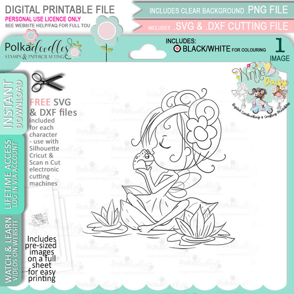 Flower Fairy Kissing a Frog/Toad/Lily Pond -  Winnie Daisy Fairy cute girl printable clipart digital stamp, digistamp for cards, cardmaking, crafting and stickers