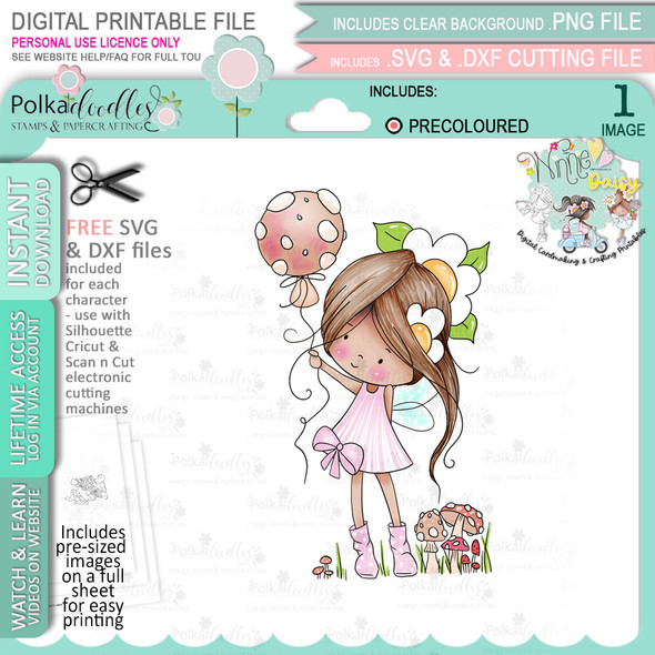 Flower Fairy holding a toadstool balloon - (Colour - LIGHT skintone) Winnie Daisy Fairy cute girl printable clipart digital stamp, digistamp for cards, cardmaking, crafting and stickers