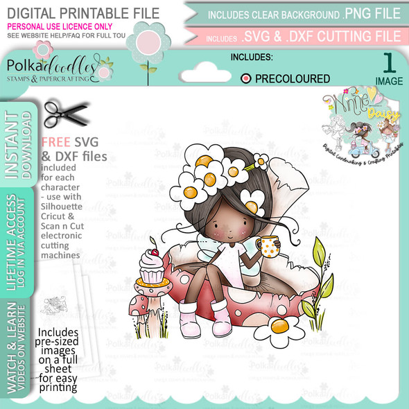 Taking a Break Toadstool - (Colour - DEEP skintone) Winnie Daisy Fairy cute girl printable clipart digital stamp, digistamp for cards, cardmaking, crafting and stickers