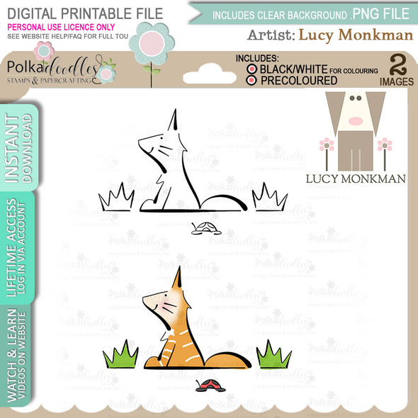 Cute Fox/Cat/Kitten - Lucy Monkman printable clipart digital stamp, digistamp for cards, cardmaking, crafting and stickers