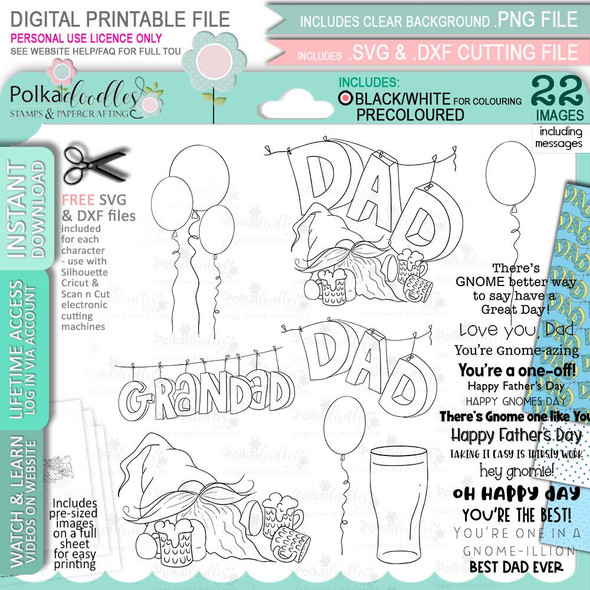 Dad Father Celebrate Relax Gnome For Men - Bundle of printable clipart digital stamp, digistamp for cards, cardmaking, crafting and stickers