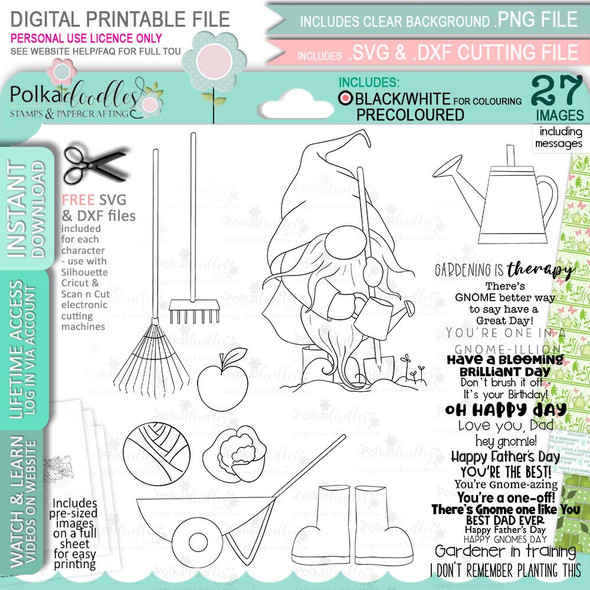 Gardening Gnome For Men - Bundle of printable clipart digital stamp, digistamp for cards, cardmaking, crafting and stickers