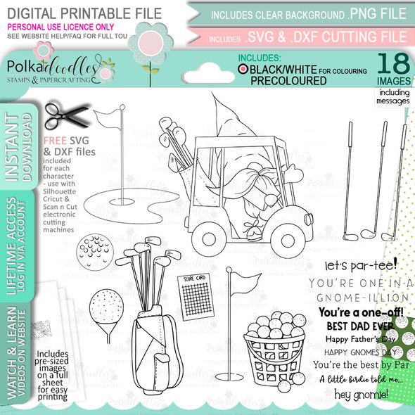 Golf Cart Gnome For Men - Bundle of printable clipart digital stamp, digistamp for cards, cardmaking, crafting and stickers