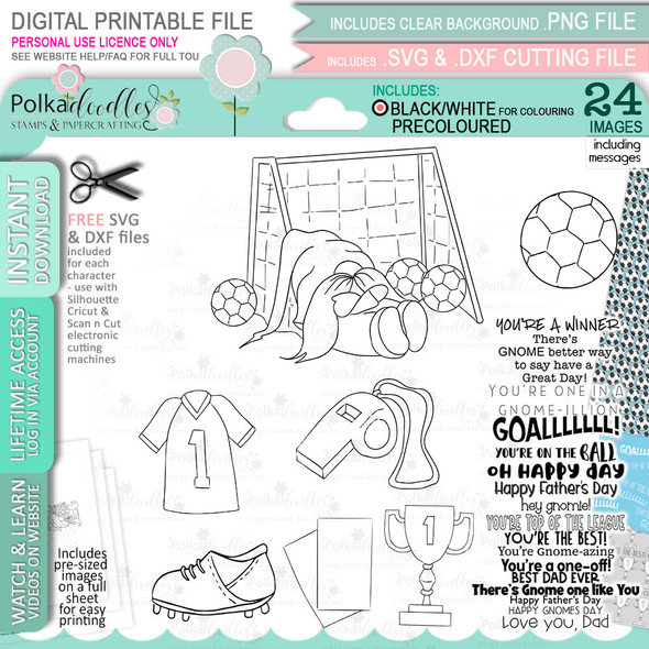 Soccer Football Gnome For Men - Bundle of printable clipart digital stamp, digistamp for cards, cardmaking, crafting and stickers